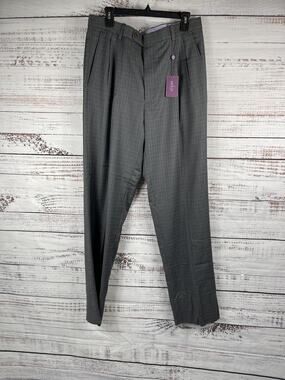 Aristo Pants Mens 34 Gray Light Grey Plaid Aberdeen Wool Dress Pleated Lined New